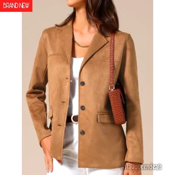 Faux Suede Blazer Women's Business Casual Lapel Jacket Long Sleeve